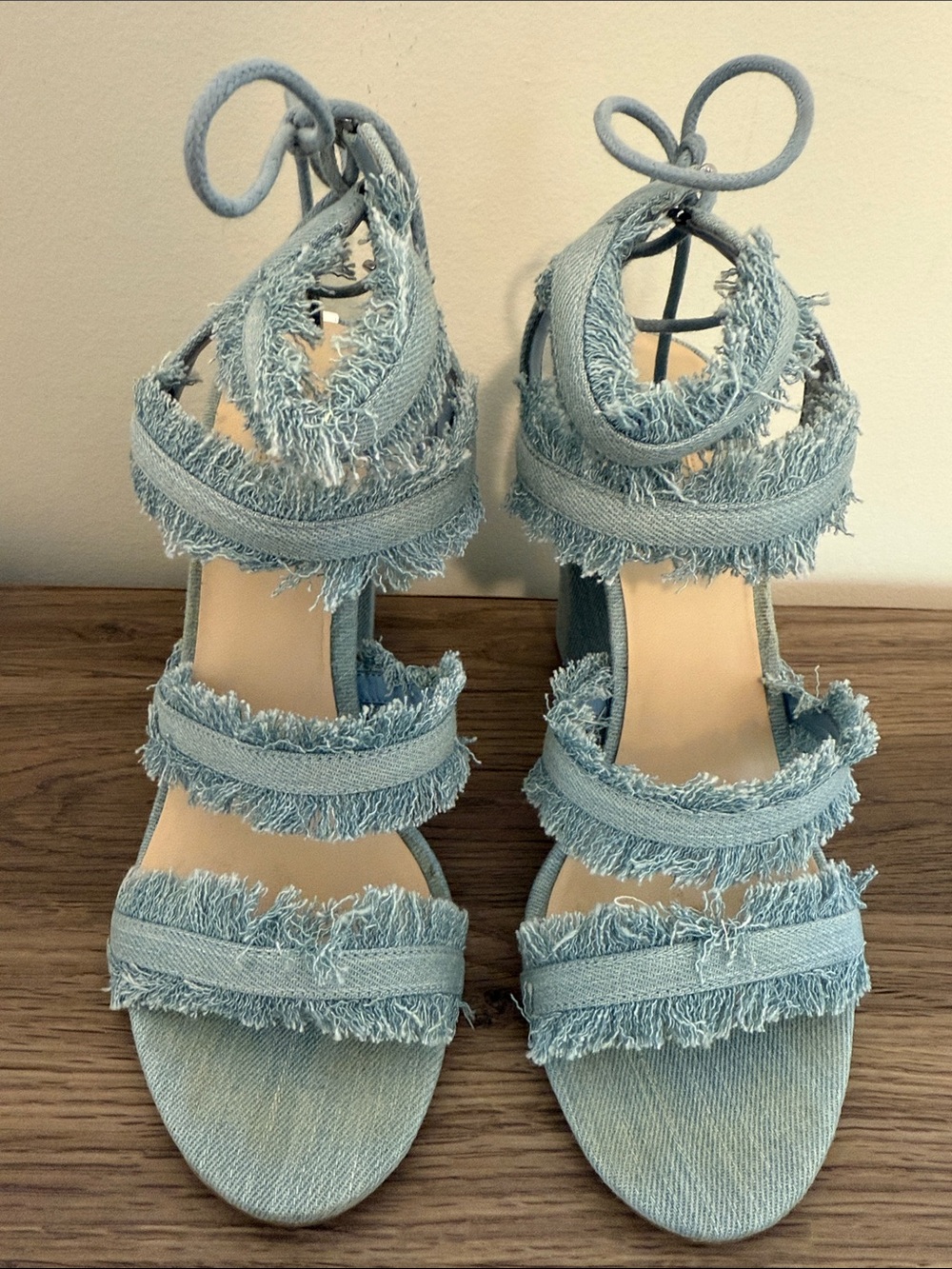 Guess Fringed Denim Lace-Up Sandals - Light Blue